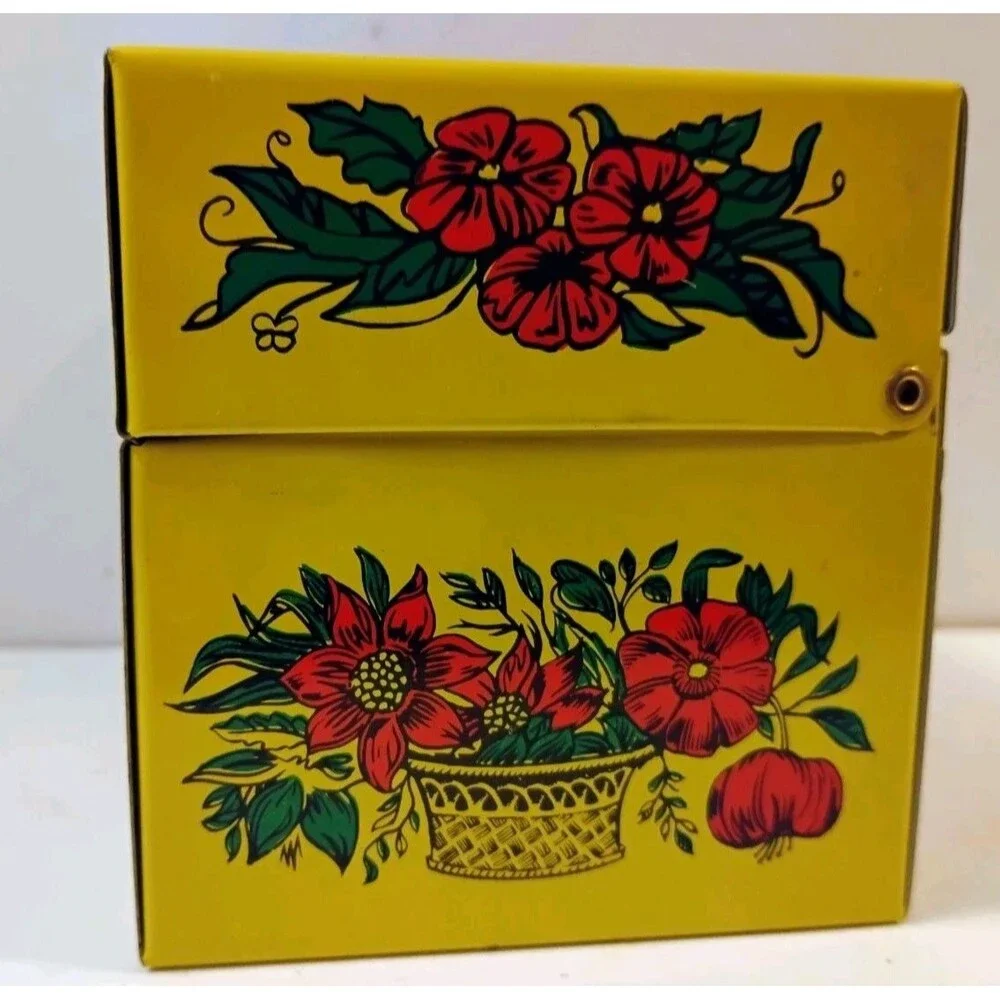 Vintage Grey Gardens Yellow Tin Recipe Box with New File n Find Index Cards